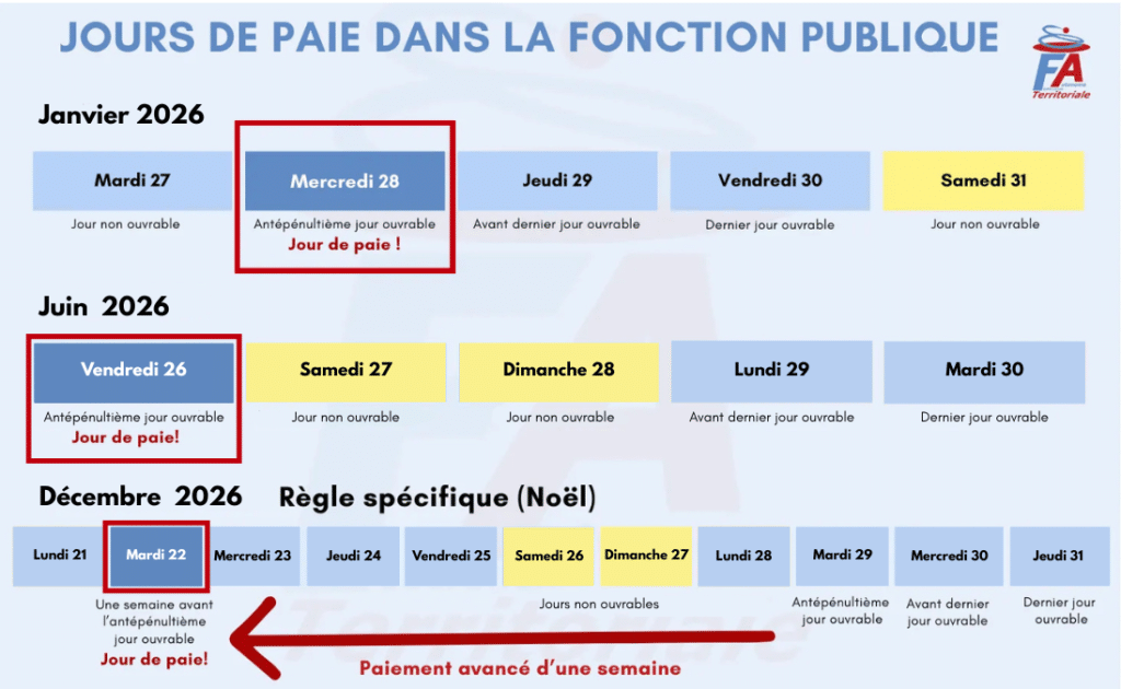 Calendrier des jours de paie dans la fonction publique pour l'année 2026. Focus sur le mois de janvier 2026 pour le versement des salaires.