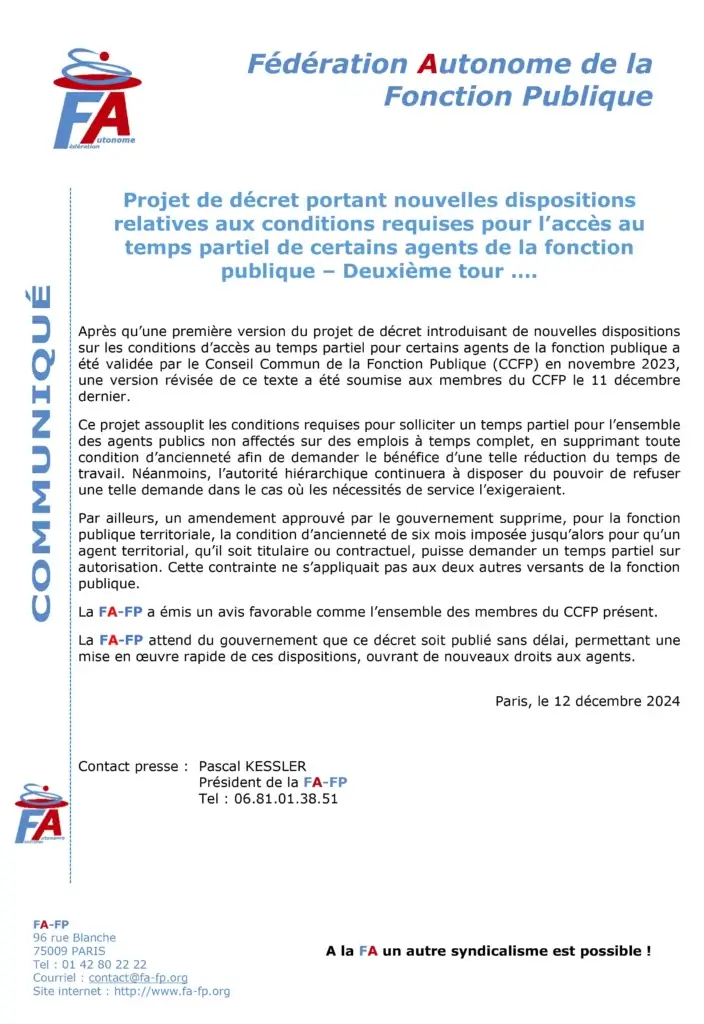 communiqué relatif au projet de décret sur les conditions requises pour l'accès au temps partiel