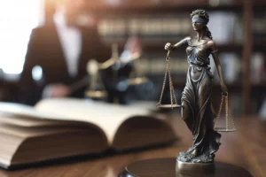 Statue de la justice représentant une femme aux yeux bandés tenant une balance, symbole d’impartialité et d’équilibre. En arrière-plan, un livre de droit ouvert et un avocat illustrent l’univers juridique, soulignant les enjeux d’égalité et de justice, notamment en matière de droits des femmes et de rupture conventionnelle.