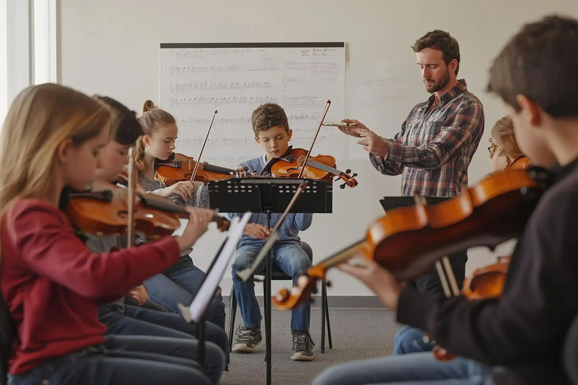 Cours de violon avec un professeur d’enseignement artistique encadrant des élèves musiciens – illustration du rôle essentiel des enseignants artistiques dans la fonction publique territoriale