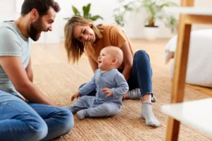 Fonctionnaires stagiaires en congé parental partageant un moment de complicité avec leur enfant – réforme 2025 congé parental et avancement