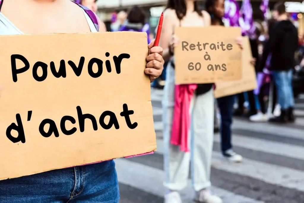 Manifestation d’agents territoriaux : une personne tient une pancarte « Pouvoir d’achat », à l’arrière « Retraite à 60 ans ». Image d’illustration du préavis de grève FA-FPT de septembre 2025.