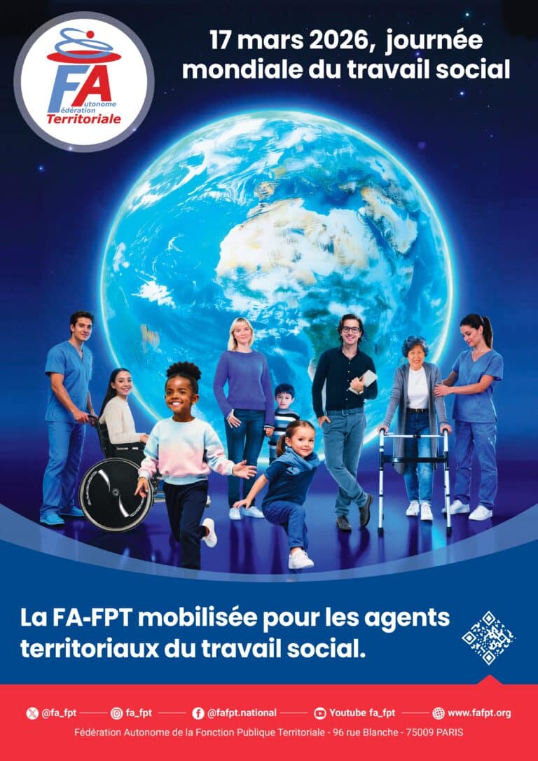 ensemble de différents travailleurs sociaux dans la fonction publique territoriale pour mettre en lumière le 17 mars 2026, journée mondiale du travail social