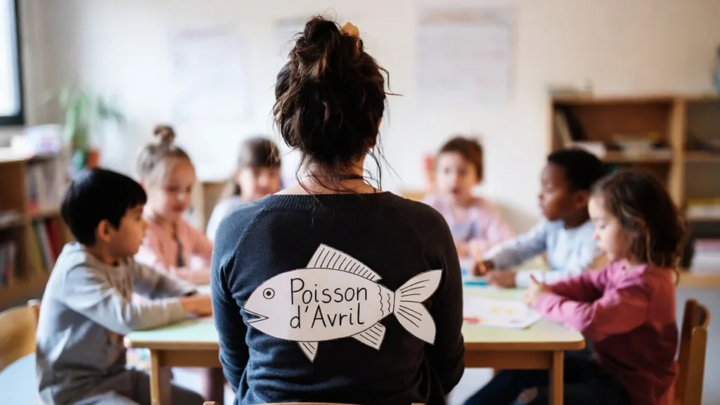 Poisson d’avril dans le dos d'une femme, assise autour d'une table avec des enfants en école maternelle. Symbolise une fausse annonce sur un kit de rentrée des ATSEM, mettant en lumière les vraies revendications de la FA-FPT sur la reconnaissance et les conditions de travail.