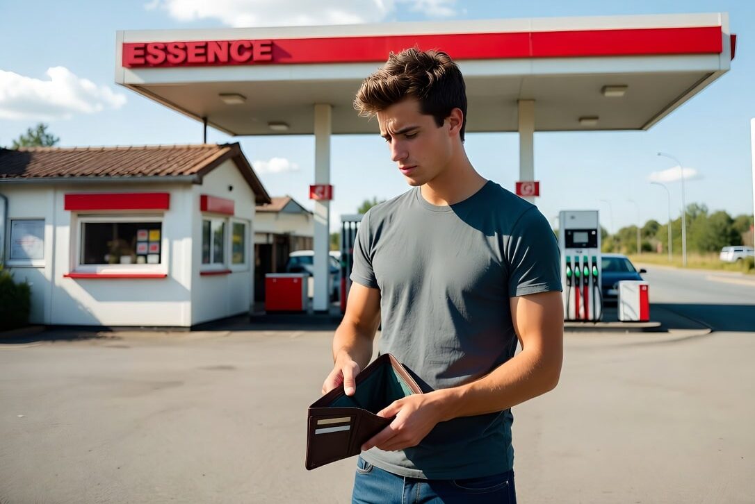 Agent confronté à la hausse des prix du carburant dans une station-service, illustration de l’aide carburant grands rouleurs 2026 et du pouvoir d’achat des travailleurs.